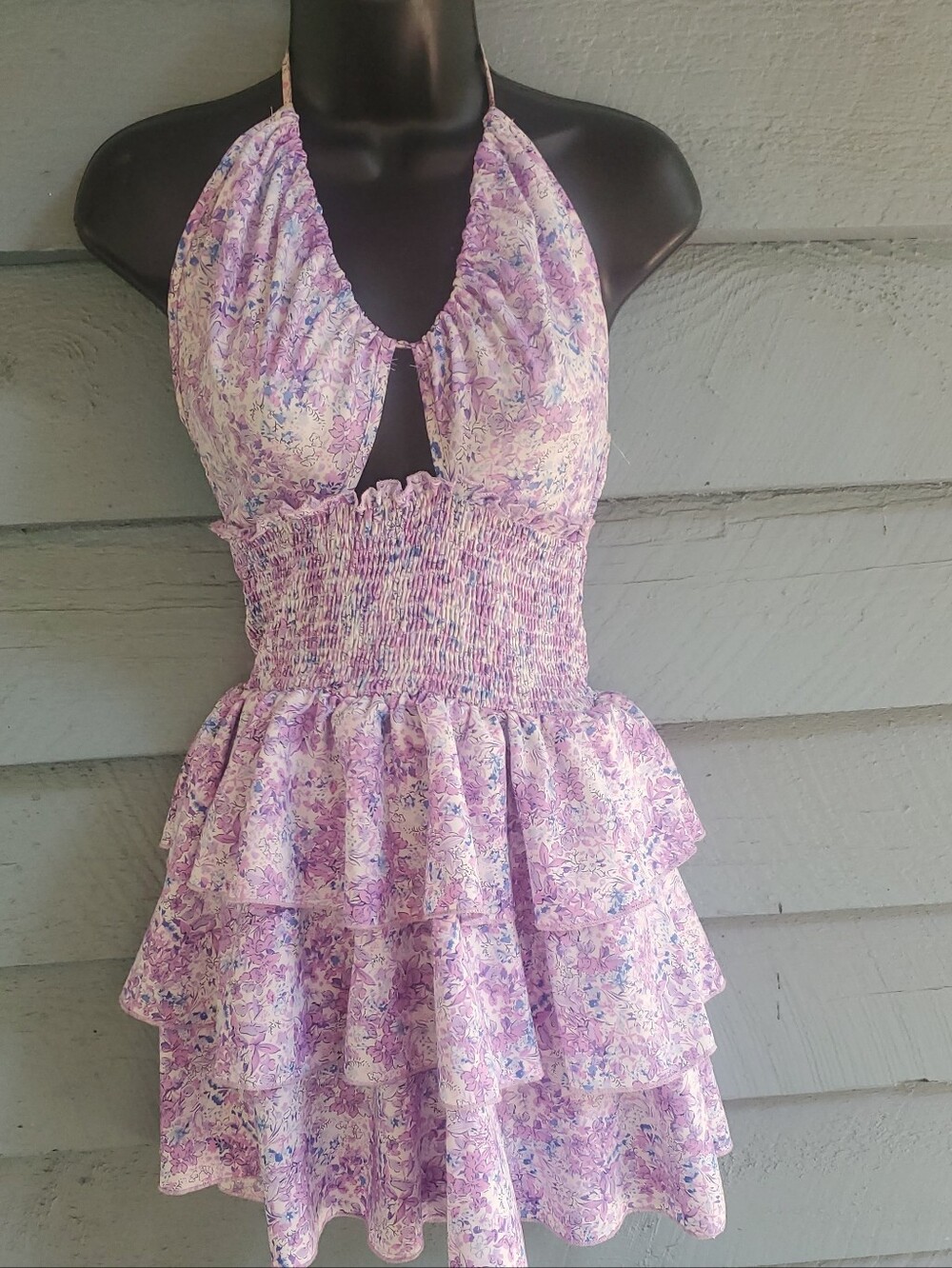 Lavender Floral Halter Ruffled Mini Dress